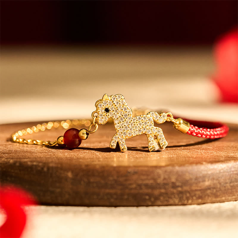 18k Gold & Sterling Silver Year of the Horse Red String Zircon Adjustable Bracelet