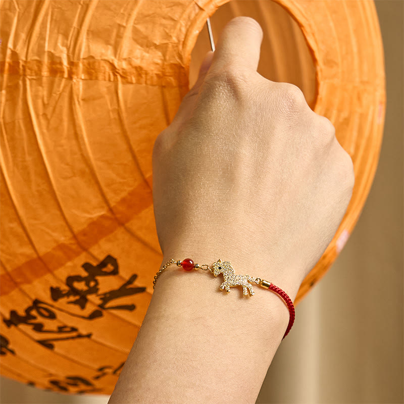 18k Gold & Sterling Silver Year of the Horse Red String Zircon Adjustable Bracelet