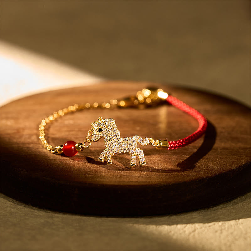 18k Gold & Sterling Silver Year of the Horse Red String Zircon Adjustable Bracelet