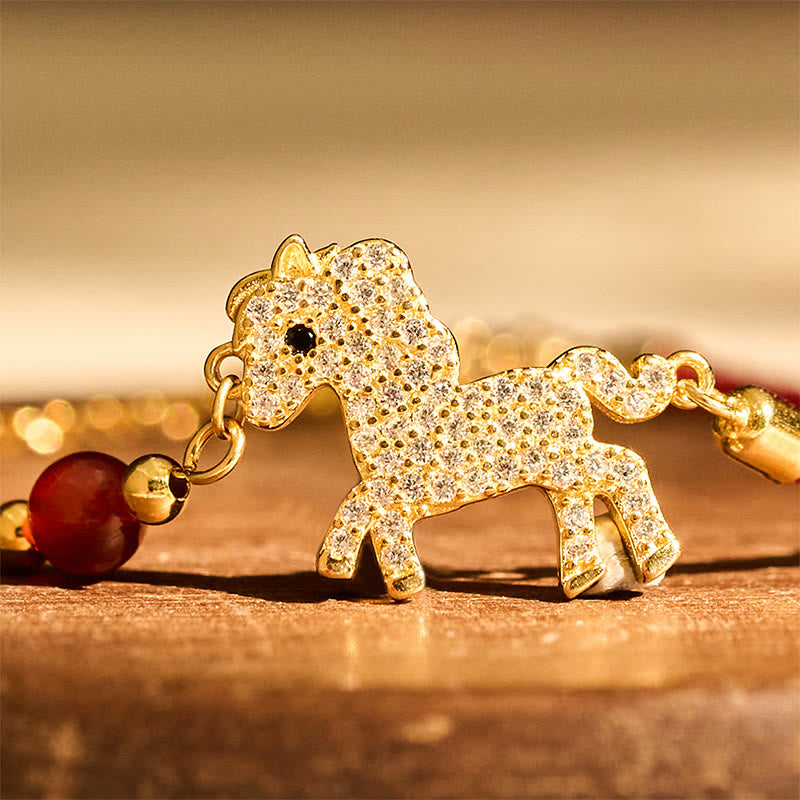 18k Gold & Sterling Silver Year of the Horse Red String Zircon Adjustable Bracelet