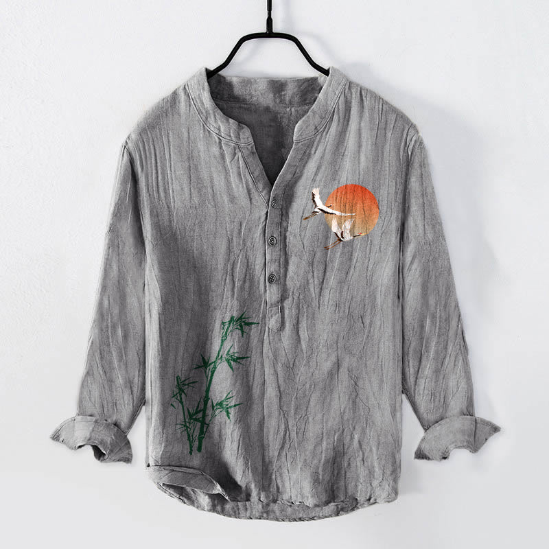 Cotton Linen Stand Collar Grounding Crane Men's Shirt