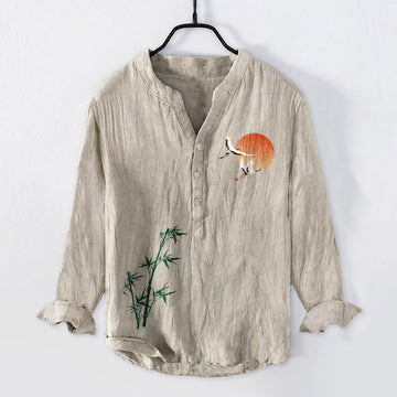 Cotton Linen Stand Collar Grounding Crane Men's Shirt