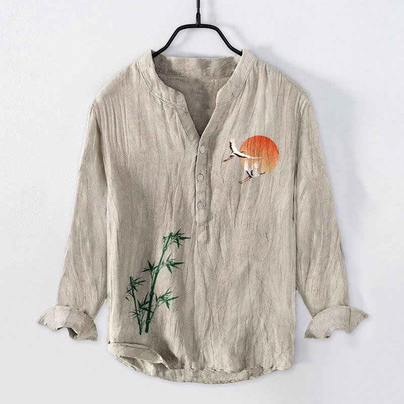 Cotton Linen Stand Collar Grounding Crane Men's Shirt