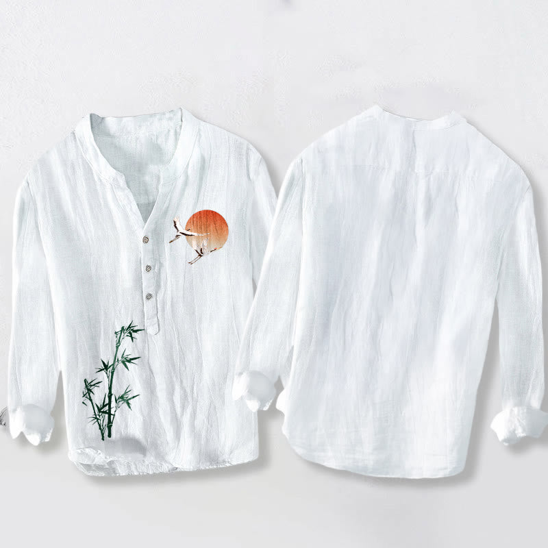 Cotton Linen Stand Collar Grounding Crane Men's Shirt