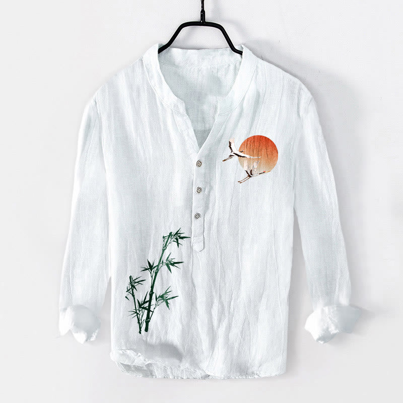 Cotton Linen Stand Collar Grounding Crane Men's Shirt