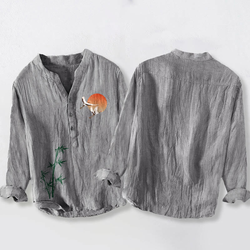 Cotton Linen Stand Collar Grounding Crane Men's Shirt