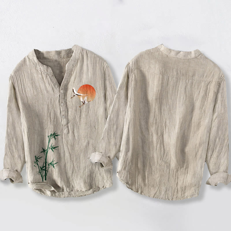 Cotton Linen Stand Collar Grounding Crane Men's Shirt