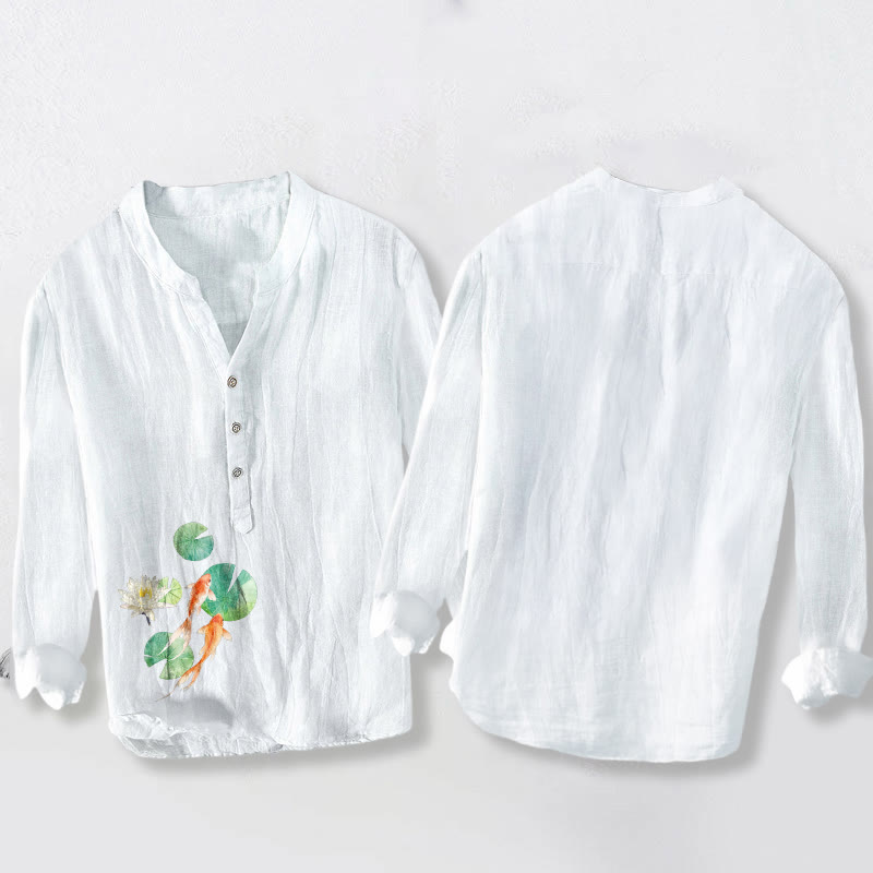 Cotton Linen Stand Collar Lotus and Koi Print Mindful Men's Shirt