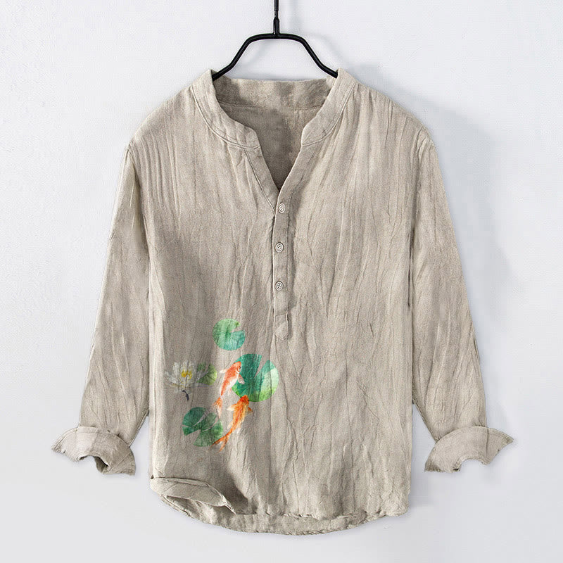 Cotton Linen Stand Collar Lotus and Koi Print Mindful Men's Shirt