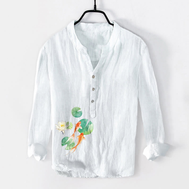 Cotton Linen Stand Collar Lotus and Koi Print Mindful Men's Shirt