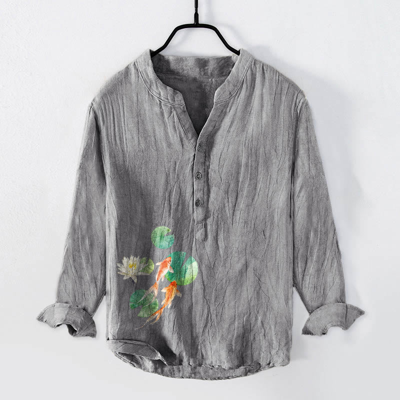 Cotton Linen Stand Collar Lotus and Koi Print Mindful Men's Shirt