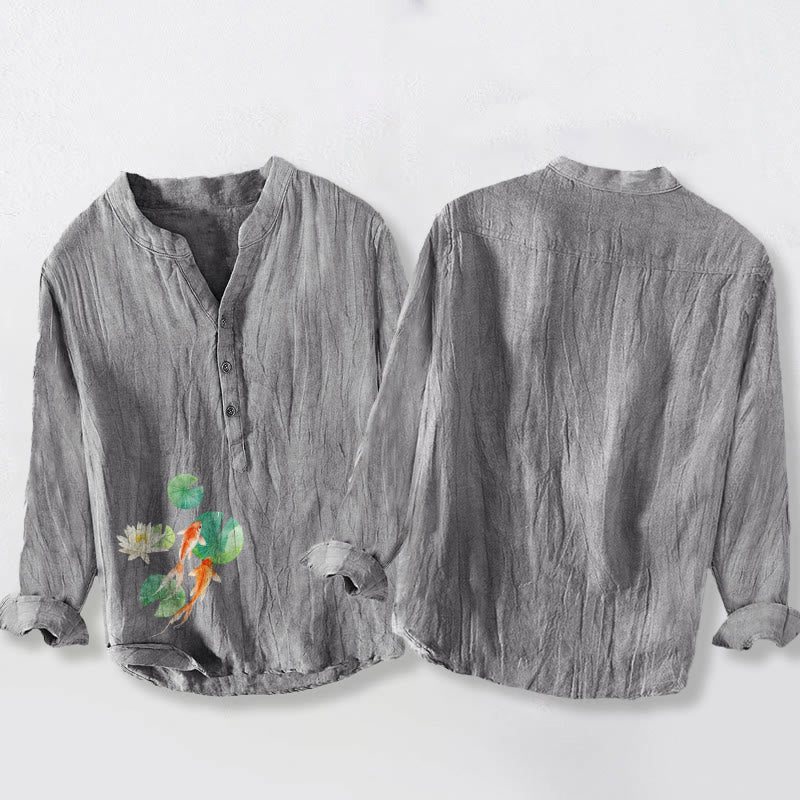 Cotton Linen Stand Collar Lotus and Koi Print Mindful Men's Shirt
