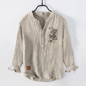 Cotton Linen Stand Collar Mindful Dragon Print Shirt