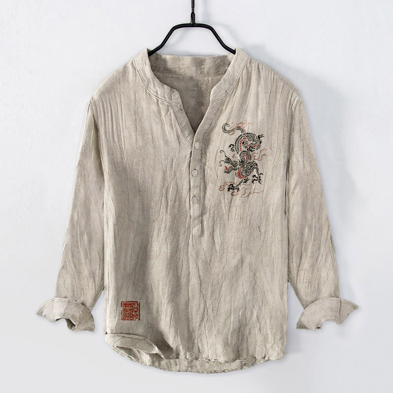 Cotton Linen Stand Collar Mindful Dragon Print Shirt
