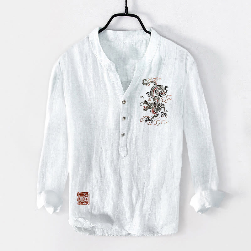 Cotton Linen Stand Collar Mindful Dragon Print Shirt