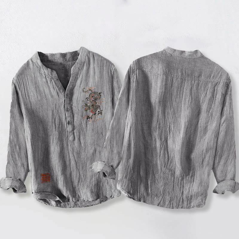 Cotton Linen Stand Collar Mindful Dragon Print Shirt