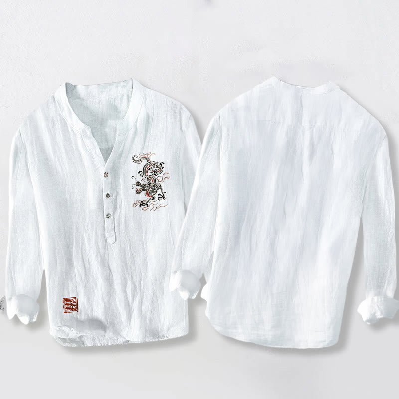 Cotton Linen Stand Collar Mindful Dragon Print Shirt