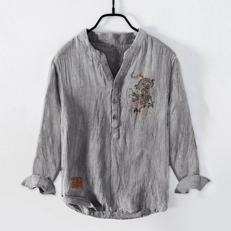 Cotton Linen Stand Collar Mindful Dragon Print Shirt