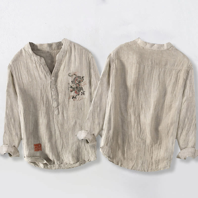 Cotton Linen Stand Collar Mindful Dragon Print Shirt