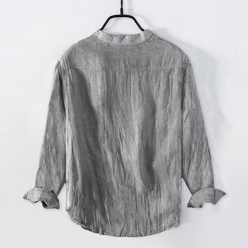Cotton Linen Stand Collar Mindful Landscape Long-Sleeve Shirt