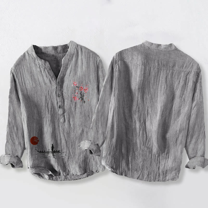 Cotton Linen Stand Collar Mindful Landscape Long-Sleeve Shirt