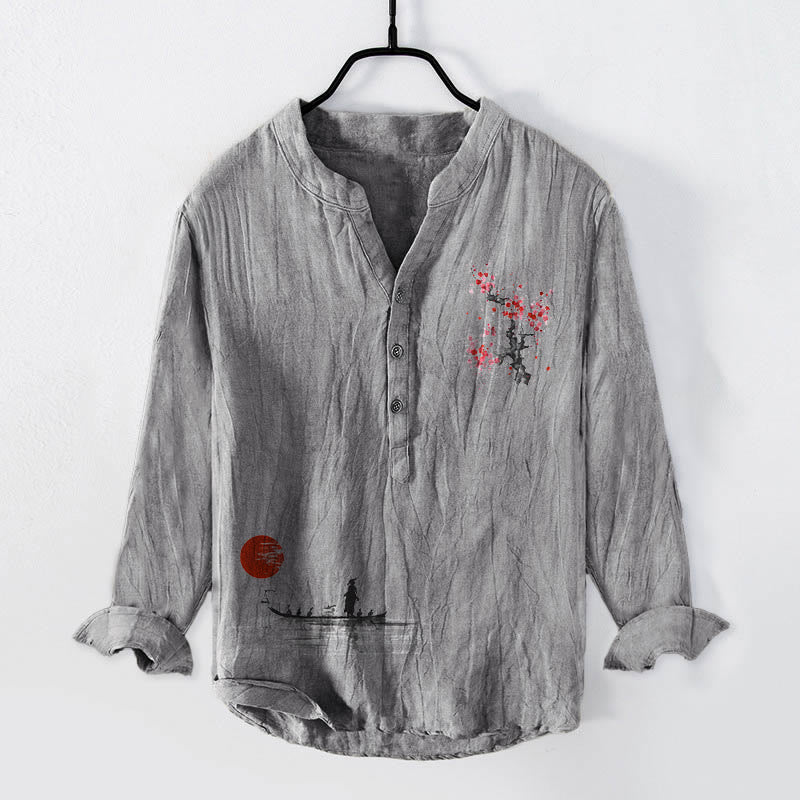 Cotton Linen Stand Collar Mindful Landscape Long-Sleeve Shirt