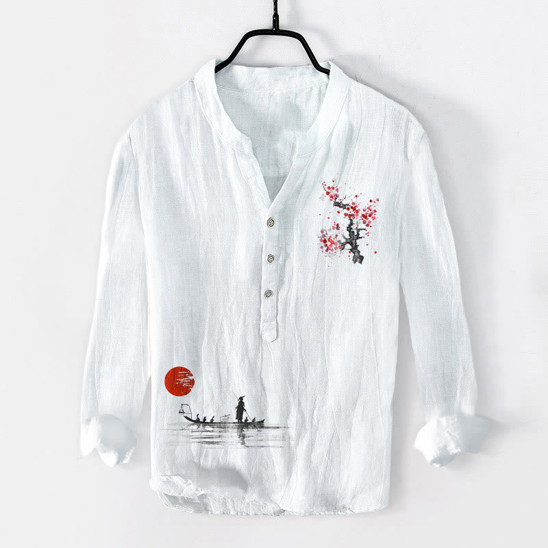 Cotton Linen Stand Collar Mindful Landscape Long-Sleeve Shirt