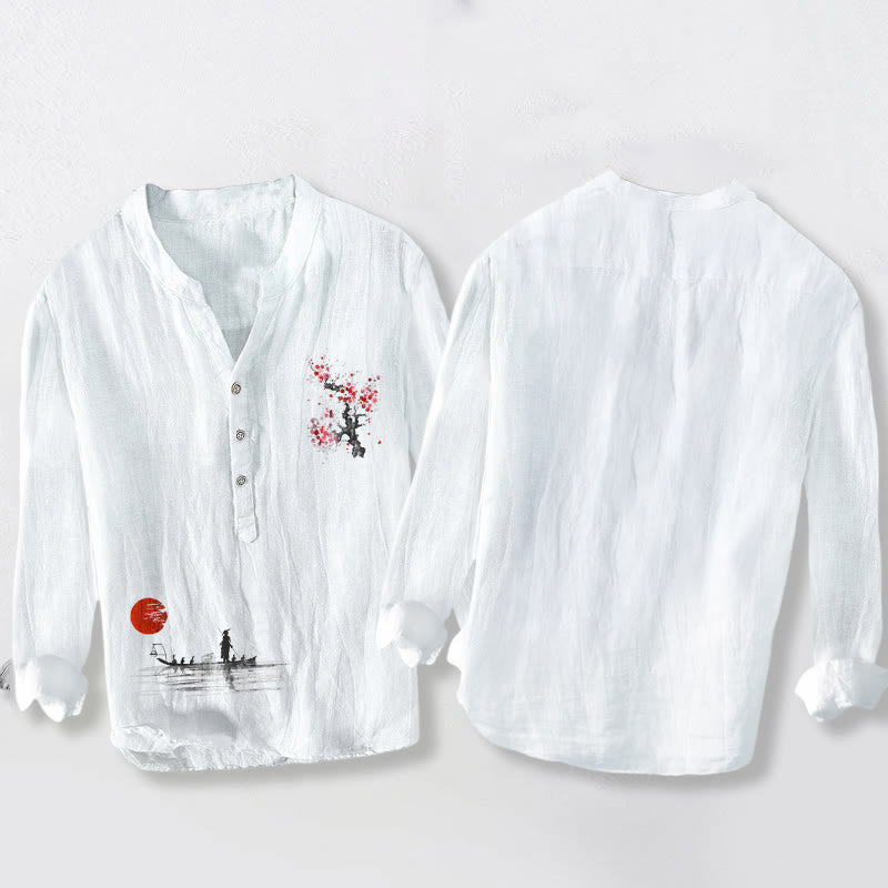 Cotton Linen Stand Collar Mindful Landscape Long-Sleeve Shirt