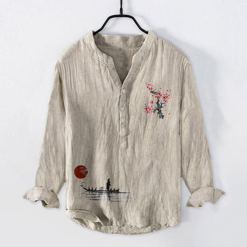 Cotton Linen Stand Collar Mindful Landscape Long-Sleeve Shirt