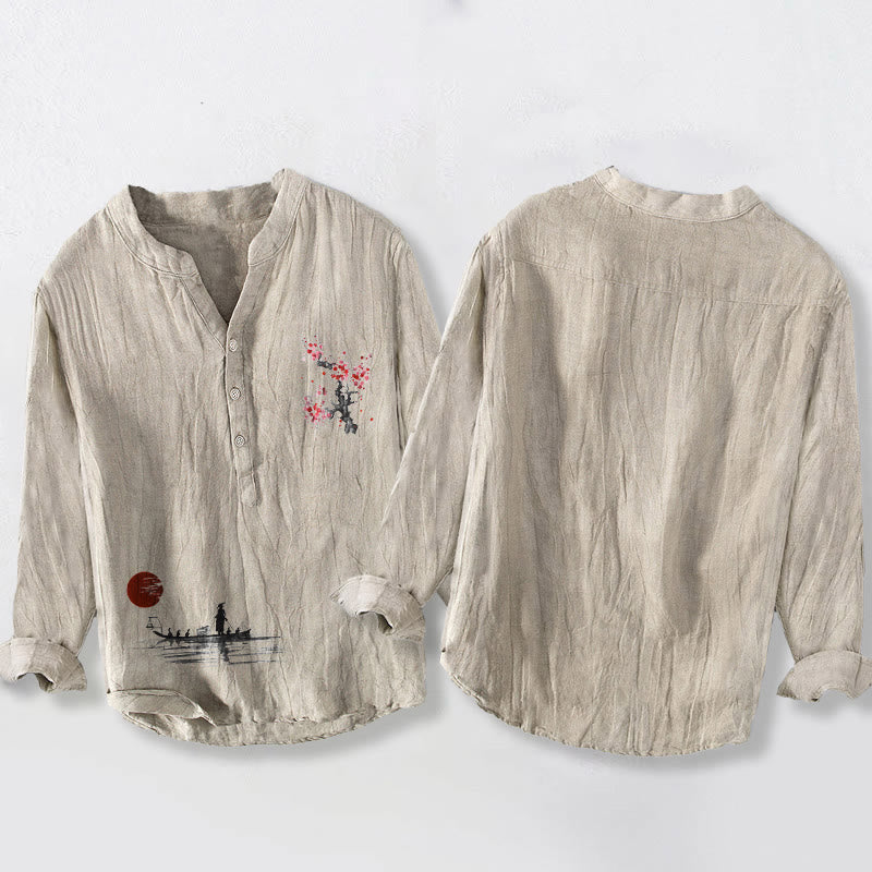 Cotton Linen Stand Collar Mindful Landscape Long-Sleeve Shirt