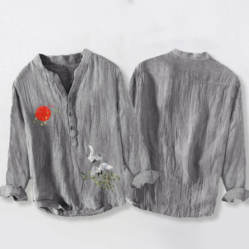 Cotton Linen Stand Collar Crane Print Mindful Lounge Shirt