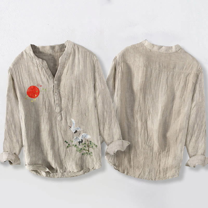 Cotton Linen Stand Collar Crane Print Mindful Lounge Shirt