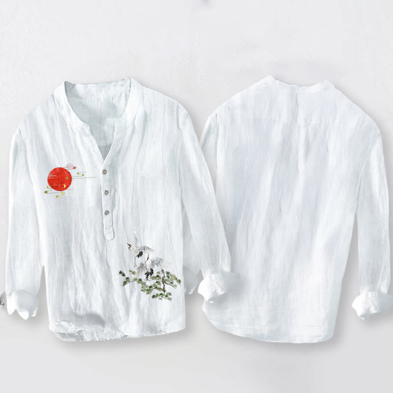 Cotton Linen Stand Collar Crane Print Mindful Lounge Shirt