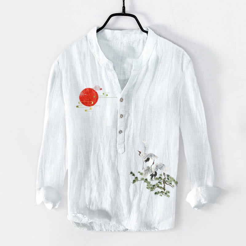 Cotton Linen Stand Collar Crane Print Mindful Lounge Shirt