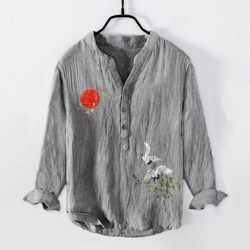 Cotton Linen Stand Collar Crane Print Mindful Lounge Shirt