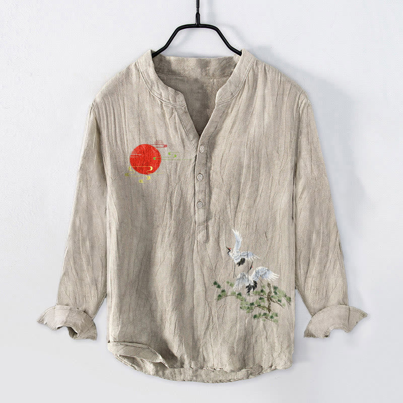 Cotton Linen Stand Collar Crane Print Mindful Lounge Shirt