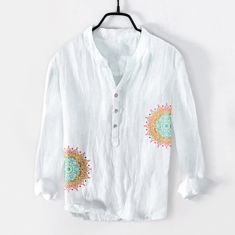 Colorful Mandala Pattern Half Buttons Men's Cotton Linen Long Sleeve Shirt