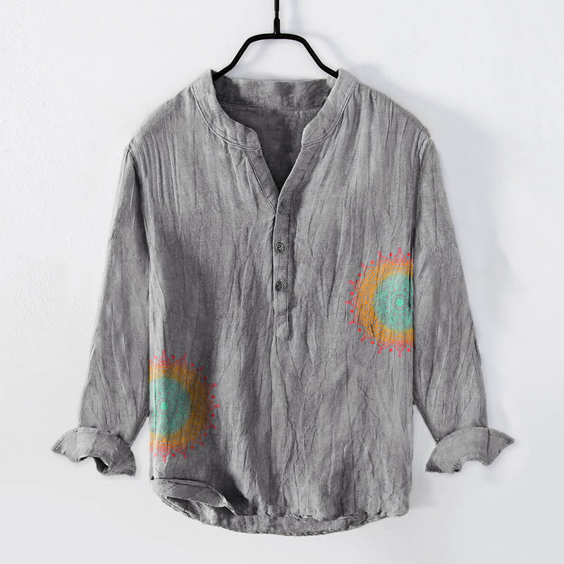 Colorful Mandala Pattern Half Buttons Men's Cotton Linen Long Sleeve Shirt