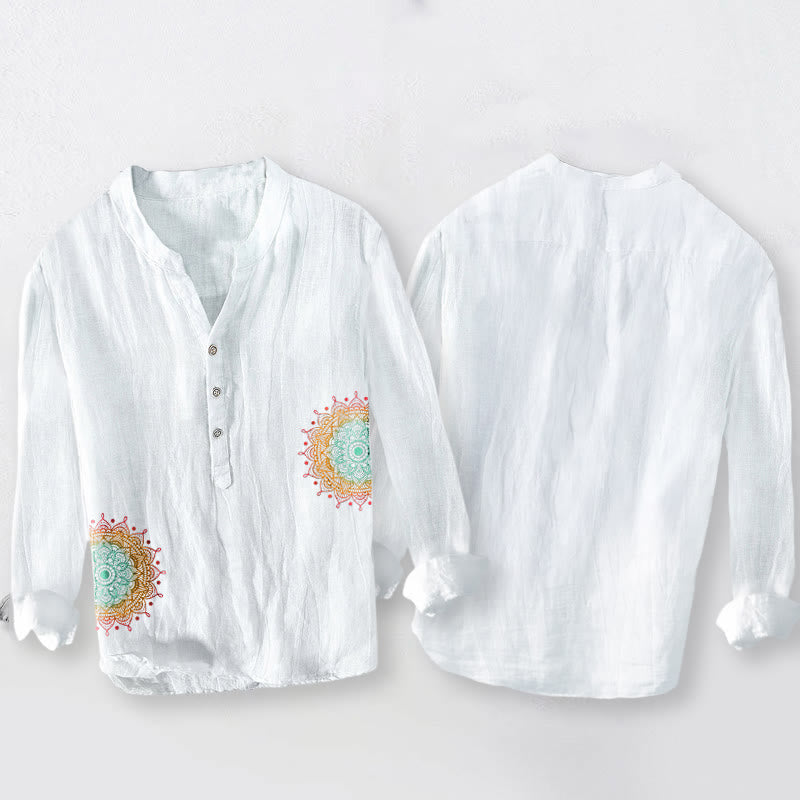 Colorful Mandala Pattern Half Buttons Men's Cotton Linen Long Sleeve Shirt