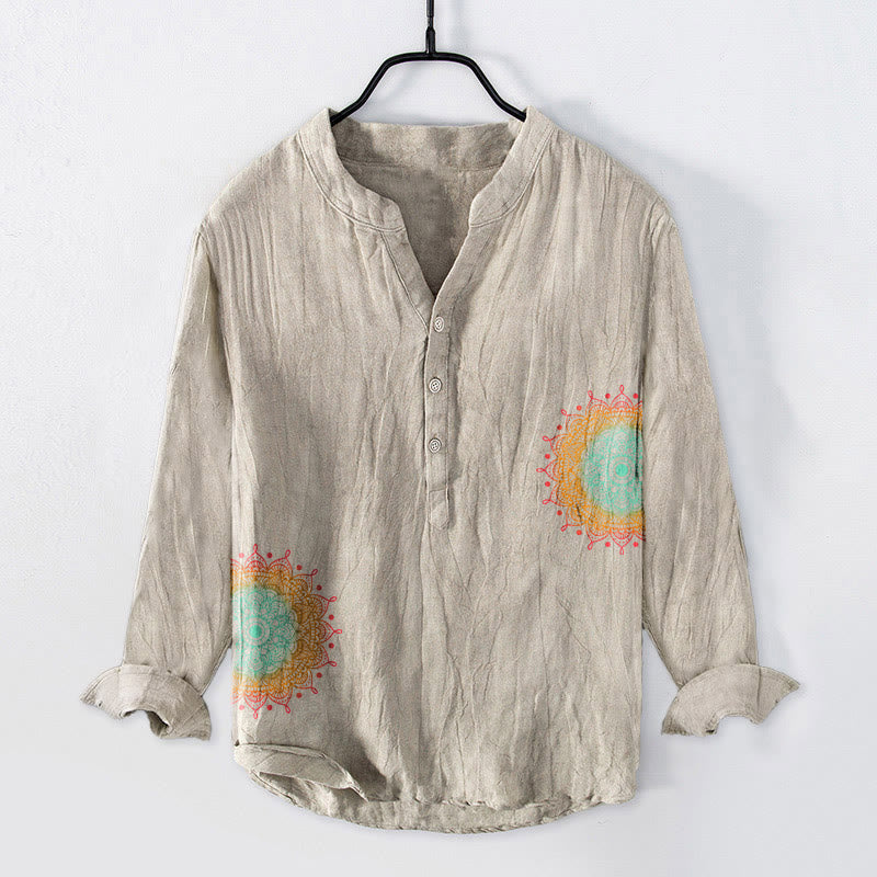 Colorful Mandala Pattern Half Buttons Men's Cotton Linen Long Sleeve Shirt