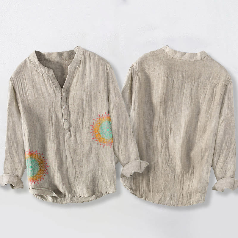 Colorful Mandala Pattern Half Buttons Men's Cotton Linen Long Sleeve Shirt