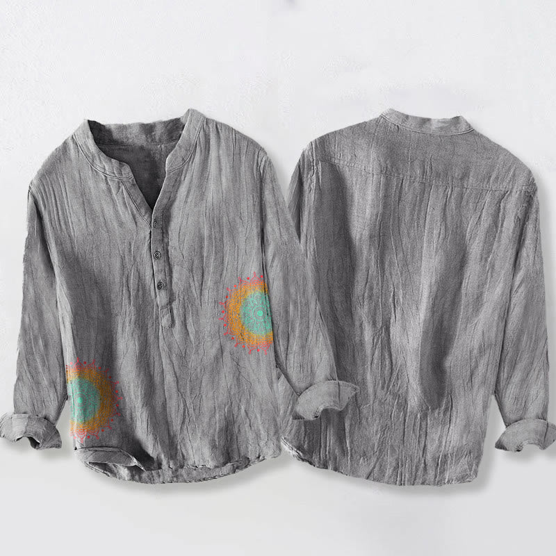 Colorful Mandala Pattern Half Buttons Men's Cotton Linen Long Sleeve Shirt