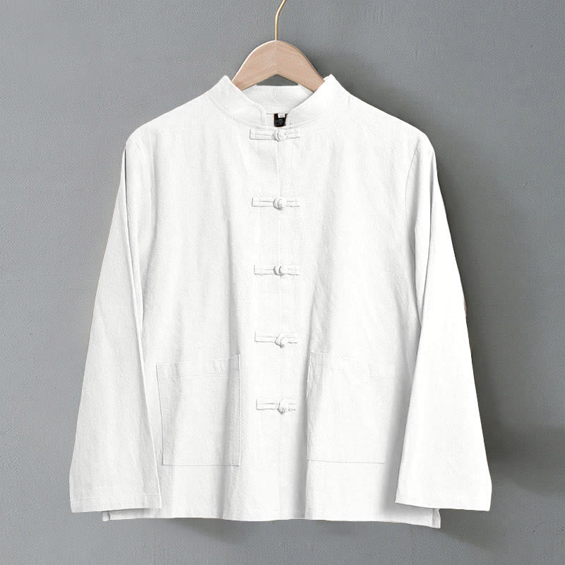 Ethnic Frog-Button Long Sleeve Stand Collar Women's Cotton Shirt With Pockets
