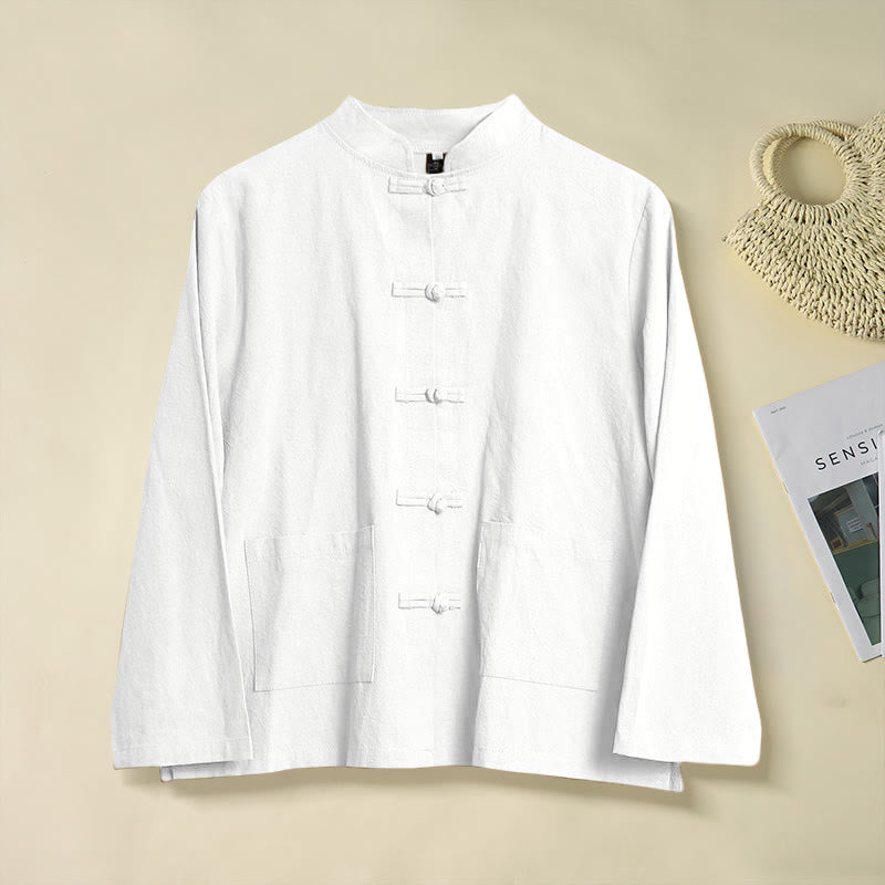 Ethnic Frog-Button Long Sleeve Stand Collar Women's Cotton Shirt With Pockets