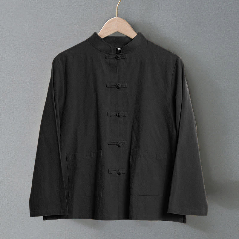 Ethnic Frog-Button Long Sleeve Stand Collar Women's Cotton Shirt With Pockets