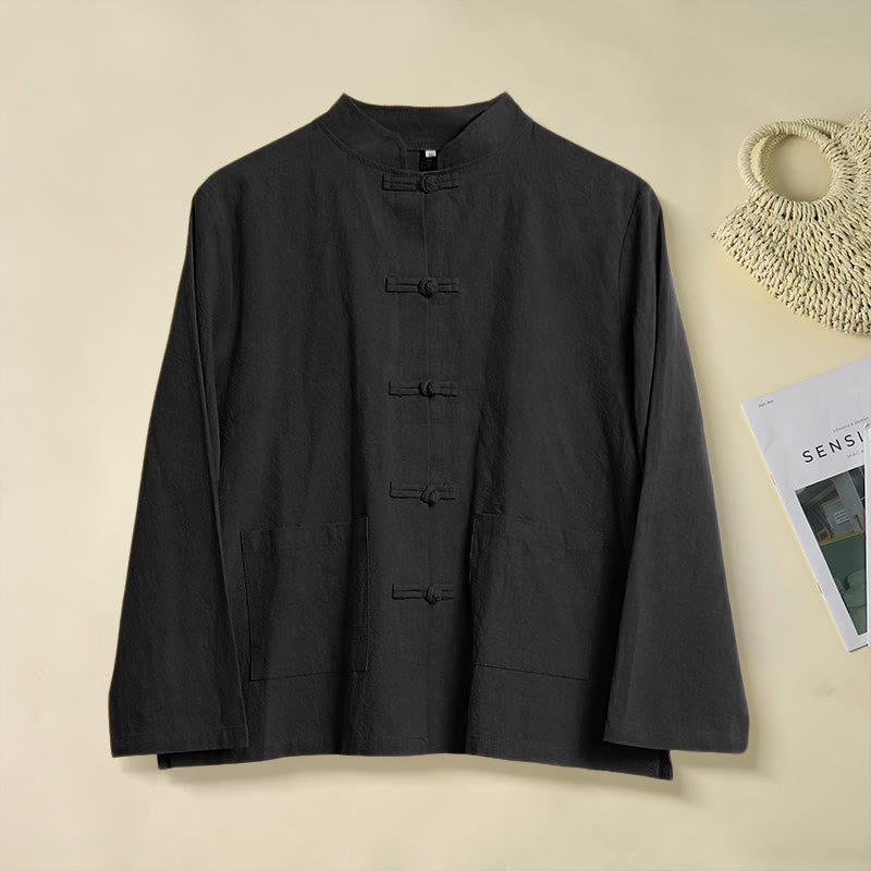 Ethnic Frog-Button Long Sleeve Stand Collar Women's Cotton Shirt With Pockets