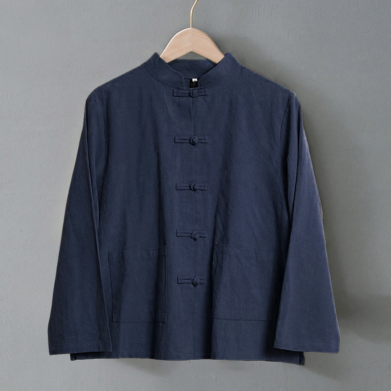 Ethnic Frog-Button Long Sleeve Stand Collar Women's Cotton Shirt With Pockets