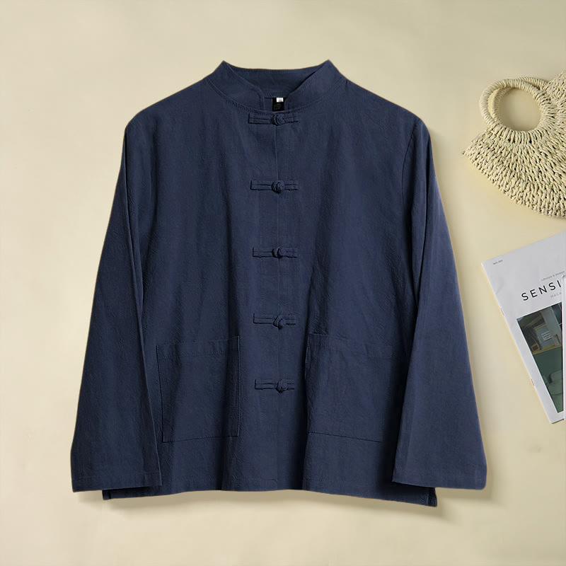 Ethnic Frog-Button Long Sleeve Stand Collar Women's Cotton Shirt With Pockets