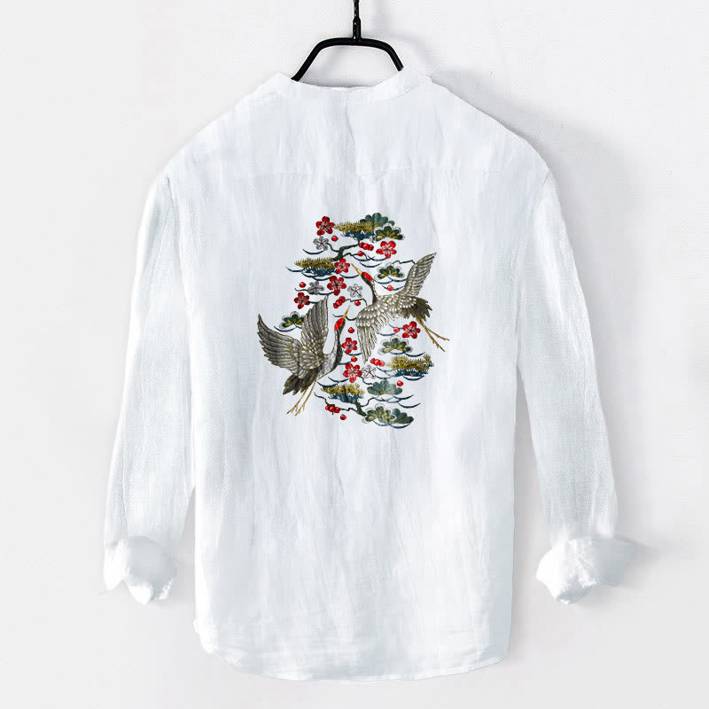 Tactile Cotton Linen Stand Collar Crane Print Meditation Shirt
