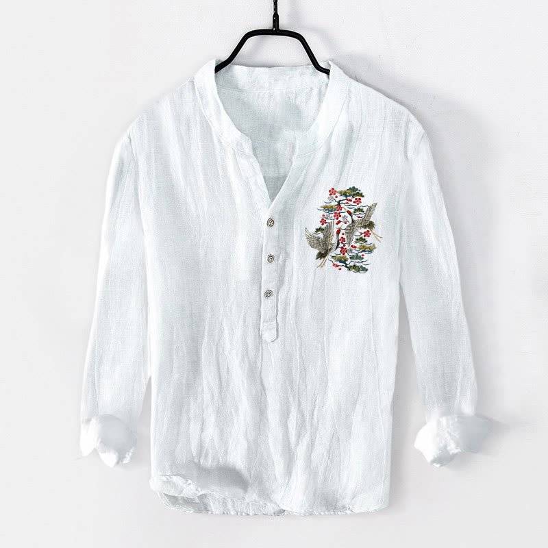 Tactile Cotton Linen Stand Collar Crane Print Meditation Shirt